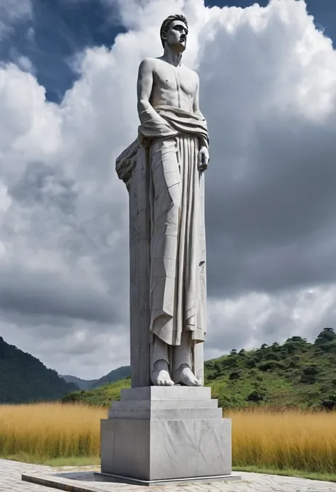 Giant stone street reaching to the clouds holding a pillar next to the body realistic parameters that respect the physical gray statue statue of a man with his face covered entire statue with his entire body complete giant statue with city around his feet ...