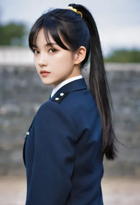 1 Girl, Solitary, Laura S.。. arseid (Dark blue long hair, Ponytail and Side Bangs, Small chest), (Inspired by《Shining》) Showing off her school uniform, in military school, Awkward