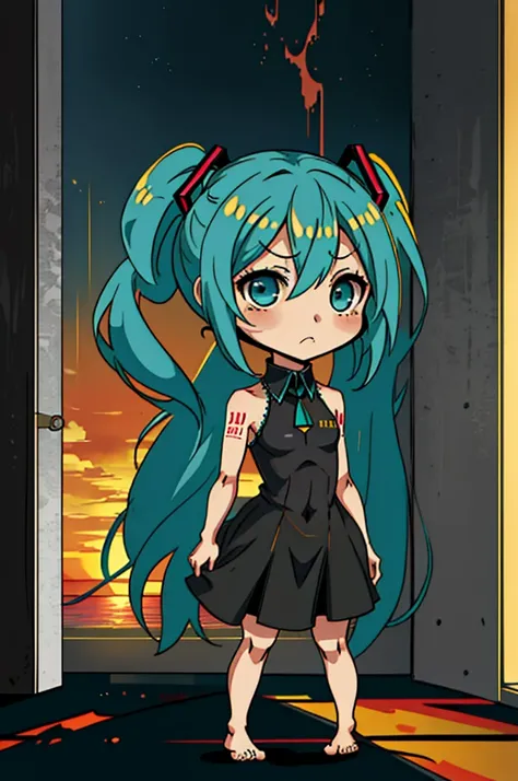 masterpiece, best quality, highly detailed, nozochibi, 1girl, (chibi:1.4), hatsune miku, full body, 1woman, mature, sea eyes, black dress, depressing, sad, sunset bedroom, yellow sky, 