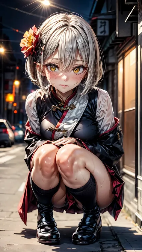 Young girl 14 years old, short silver bob hair, hair flower, sharp bangs between the eyes, yellow  eyes, eyes large, traditional chinese imperial clothes black with gold details, red skirt, black thigh high socks. lateral view, fully body, crouched on the ...