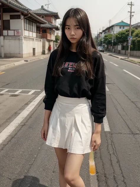 A 15-year-old Korean with long hair，Standing on the road wearing underwear、wear a skirt、drinking a drink、looking into camera