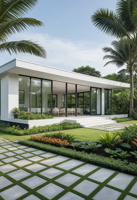 A hyper-realistic image of a modern one-story house with a minimalist design, featuring a combination of white and glass materials. The house has a flat roof, large floor-to-ceiling glass windows, and a spacious front yard. The entrance is flanked by lush ...