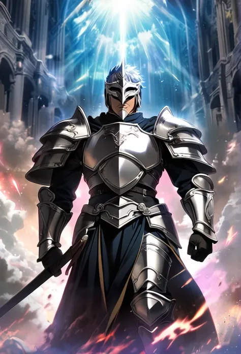 Male, roman knight, silver armor, mask, heaven, aura, cool, sword