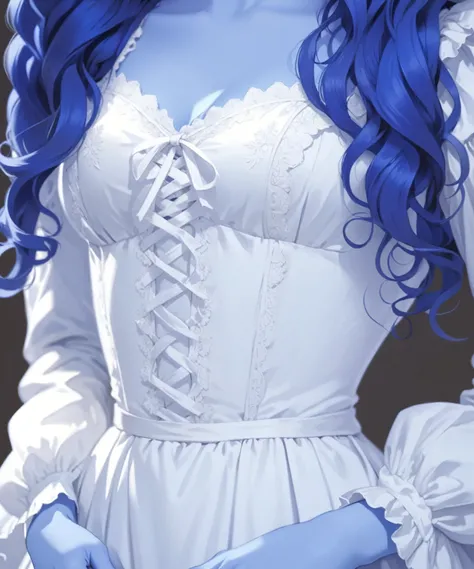 beautiful illustration, ultra-detailed, masterpiece, blue skin, beautiful, wavy hair, victorian dress, lacing