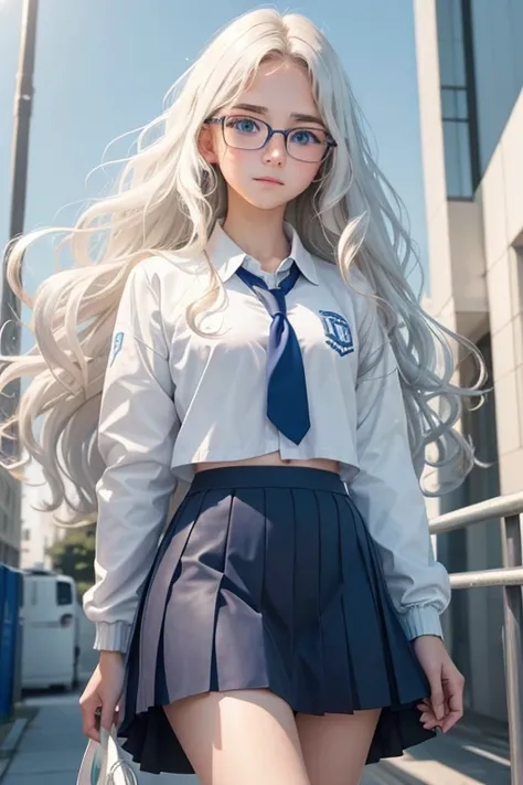 Teenager with wavy hair, white with blue eyes with glasses with skirt, white long sleeve shirt and school jacket