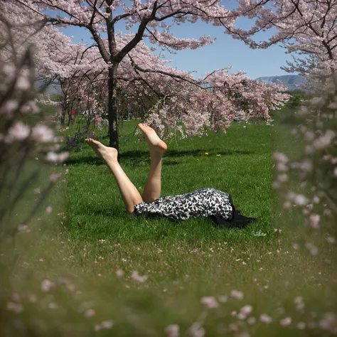 outdoors,cherry blossom,barefoot,bare legs,lower body,multiple legs,disembodied limb,foot focus,grass,