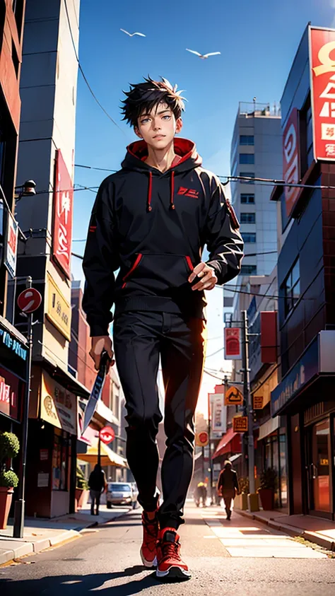 A handsome, dashing young man in the manga series "Jujutsu Kaisen" named, Ita Doti Yuji with his characteristic clothes, black hoodie, and red shoes, with HD, 4K anime photo resolution quality. with a backdrop of sparkling light, body-saving fantasy, and d...