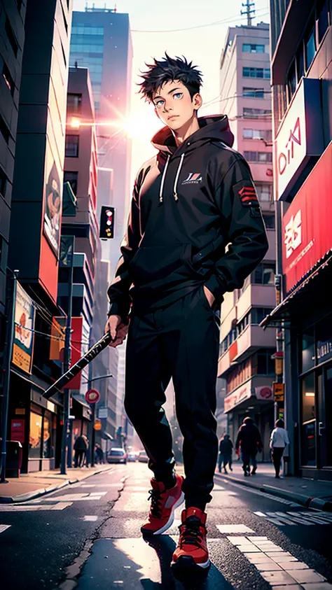 A handsome, dashing young man in the manga series "Jujutsu Kaisen" named, Ita Doti Yuji with his characteristic clothes, black hoodie, and red shoes, with HD, 4K anime photo resolution quality. with a backdrop of sparkling light, body-saving fantasy, and d...