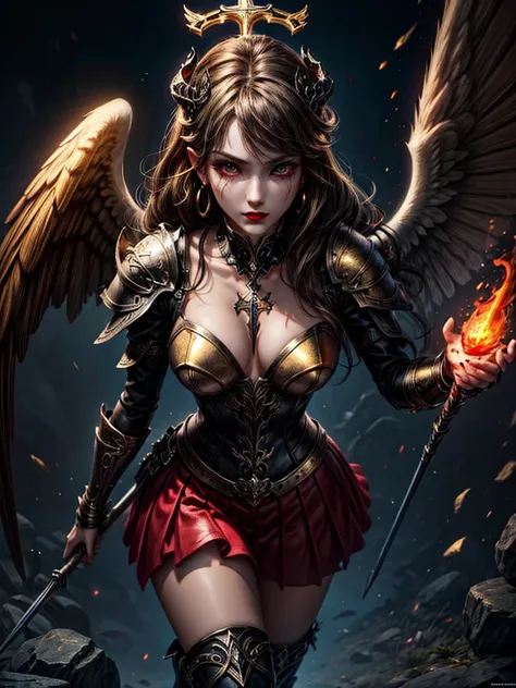 in the middle of the burning battlefield filled with broken swords and dead sodiers stand beatiful female fallen angel with blac...