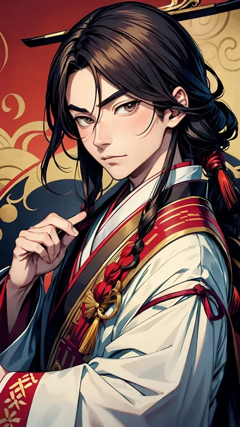 Removal, Blurry, Draw a young Oda Nobunaga in eccentric clothing from the Sengoku period. He should have a playful and rebellious expression, reflecting his nickname "Utsuke-mono" (fool). The attire should be colorful and unconventional.
