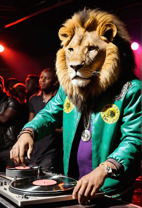 a lion DJ with a jacket, Jamaica with name stamped DiLi , on stage with record player, crowd, Leisure lights,  ,night club

