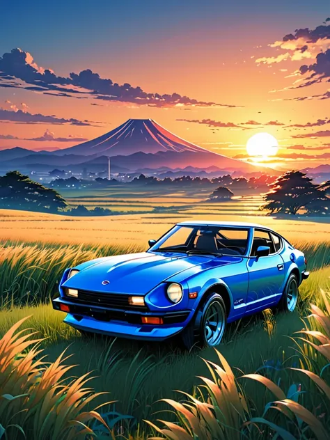 anime landscape of a pearl super laser blue metalic pearl color classic nissan datsun 240z sport sits in a field of tall grass w...