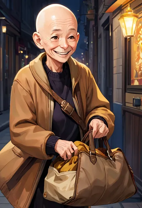 an old, Hes light brown, very short semi-bald hair, old clothes and always with a smile on her face and has a magic bag that throws shit