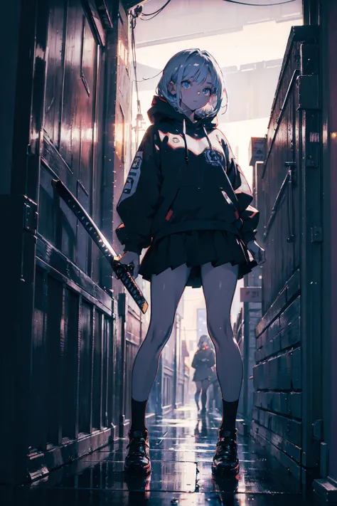 (masterpiece), (best quality), (ultra detailed), (high res 8K), 1 girl, late teenage, standing, contrappost, full body, low angle, hoody, mini-skirt,((katana)), short hair, silver hair, serious, looking away, cityscape in Tokyo, night, rim lighting, high c...