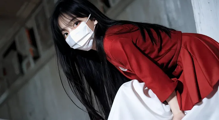 Knife in right hand、White mask for cold on face、One person、Red Skirt、Long Hair、Black Hair、masterpiece、whole body、high resolution、scared、The look in his eyes is harsh.、Slit-Mouth Woman、
