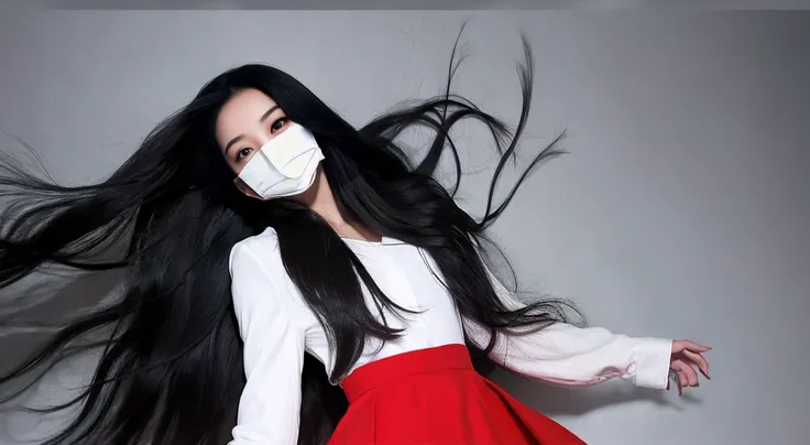 Knife in right hand、White mask for cold on face、One person、Red Skirt、Long Hair、Black Hair、masterpiece、whole body、high resolution、scared、The look in his eyes is harsh.、Slit-Mouth Woman、
