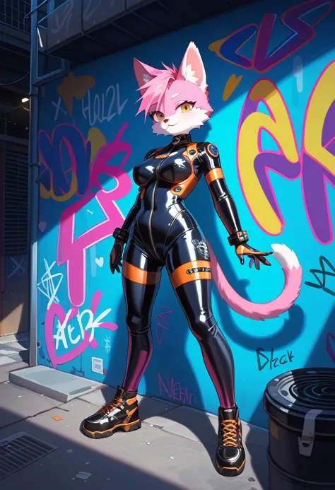 animation, Highest quality, Highest quality, High quality illustrations, masterpiece, Ultra-high resolution, Detailed Background, Alley, night, Graffiti art on the wall, Absurd, Perfect Anatomy, performance, Good lighting, Shadows in the movies(kemono, Fur...