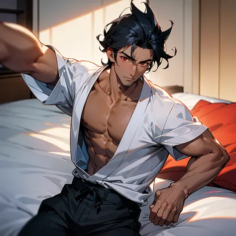 a extremely handsome man on his young Thirties, with an incredible athletic body, shirtless, dark-skinned Puerto Rican and Japanese ethnicities, and black hair, red eyes,  in his bedroom