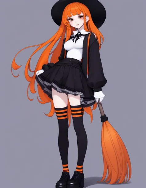 Cute girl, bright orange and dark black, white thigh-high socks, platform heels, gothic style, small bust, witch, simple background