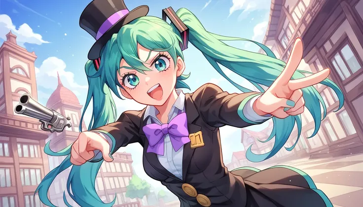 ((1girls:1.3)), ((moe style:1.3)), ((jojo pose:1.3)), ((pointing:1.3)), ((saloon:1.3)), ((monocle:1.3)), ((top hat:1.3)),((revolver:1.3)), hatsune miku, ((perfect face)), ((extremely cute:1.3)), ((masterpiece:1.3)), ((8k)), ((best quality:1.3)), ((beautifu...