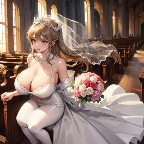 Girl with huge breasts in a bra wearing a sexy wedding dress with a veil and a bouquet in the church 