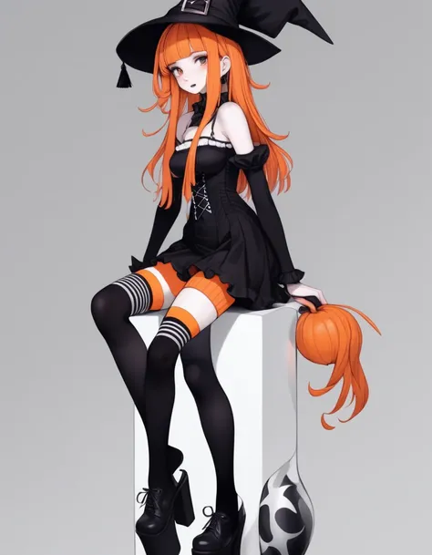 Cute girl, bright orange and dark black, white thigh-high socks, platform heels, gothic style, small bust, witch, simple background,nsfw