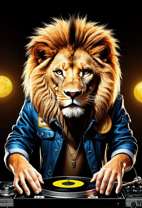 a lion DJ,With a jacket with a printed name . D and L and I don&#39;t dance like a record player, crowd, Leisure lights, EVENING CLUB