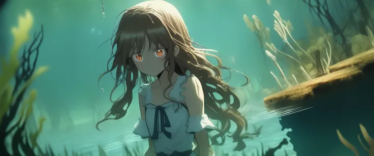 score_9, score_8_wonderful, score_7_wonderful, score_6_wonderful, sauce_anime, partially underwater, 
One Girl, Long Hair, Brown Hair, Wet Hair,
White Dress, Swamp,
Dark Background, Blurred Edges,8-year-old、Adventurer、Flat Chest、Pitch-dark underground laby...