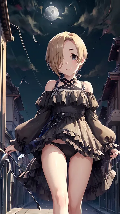 masterpiece, Highest quality, High resolution, Very detailed,(((Koume Shirasaka))), (((Black underwear)))、(((Walking with the moon in the background。)))、(((smile)))、(((full moon)))、(((Night Sky)))、(((Beautiful Eyes)))、(((Thin body type)))