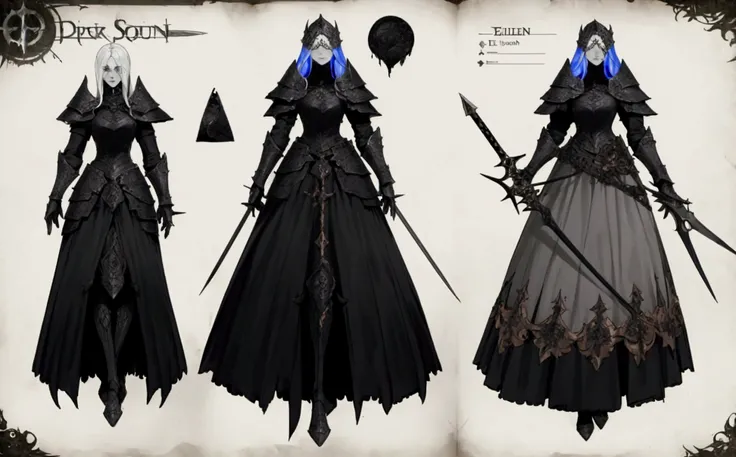 elden ring, dark souls, concept art sheet, items, weapons: A sinister gothic queen who wields poisonous chakram and wears dark grey armor made from the weapons of fallen foes.