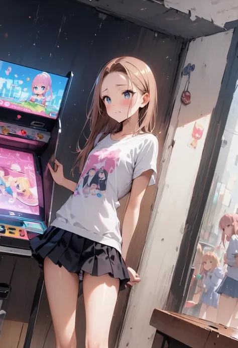 Fashionable glasses、back view, Backwards、Butt、back、back of head、Hips、Hair back、Calf、Very Very Mini Skirt、Cute patterned panties、Chibi T-shirt、Panty shot、arcade、game machine、Game bench、UFO Catcher、Purikura、Date、forehead、Girl、Girl、Short、Younger、Lower school ...