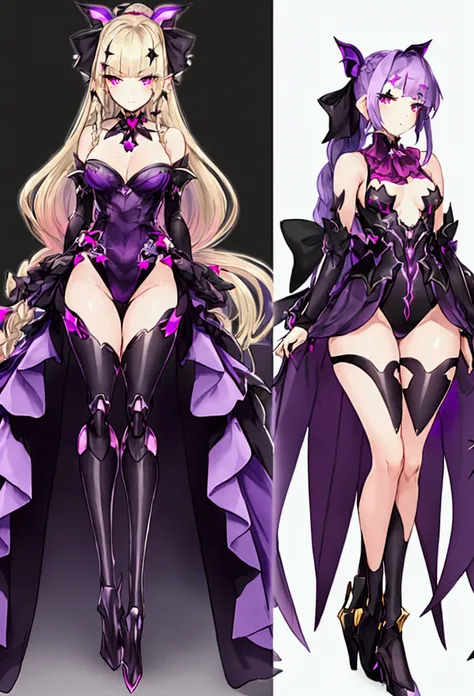 elegant woman, medium chest, wide hip, slim build, charming look, ((whole body)), (((character design sheet: front view))), (dark blonde hair, ((hip length wavy hair, asymmetrical bangs, star hairpin)), (She has a short braid tied with an elegant purple ri...