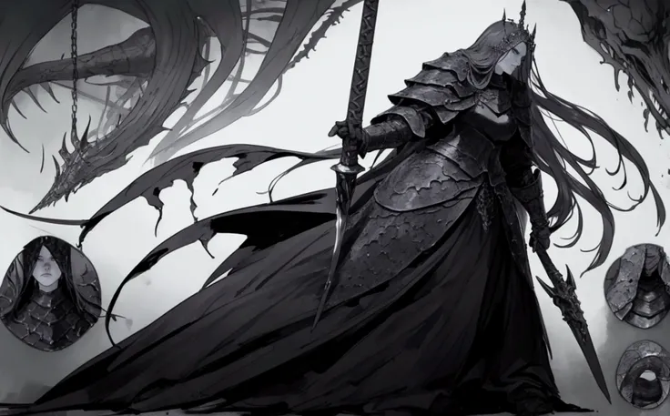 elden ring, dark souls, concept art sheet, items, weapons: A sinister gothic queen who wields poisonous chakram and wears dark grey armor made from the weapons of fallen foes.