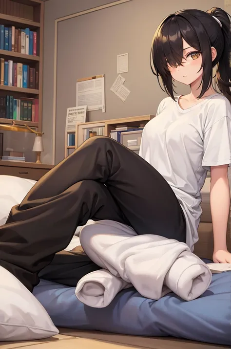 woman, hair over one eye, golden eyes, Tomboy, sitting on the ground, white shirt, black sweatpants, looking at viewer, window, short hair with a ponytail, books lying around, bedroom background