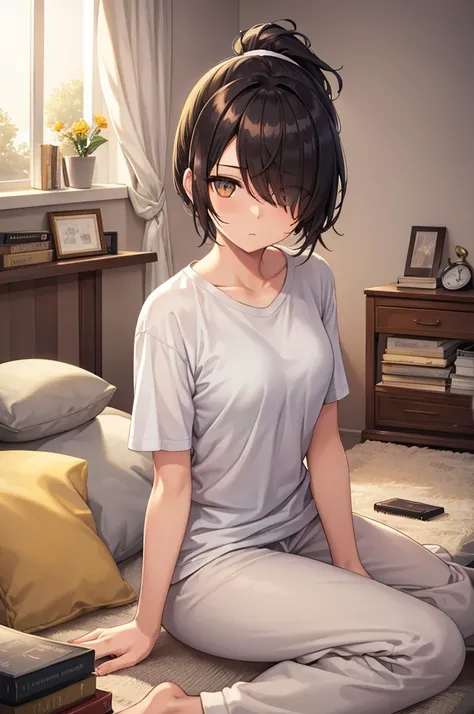 woman, hair over one eye, golden eyes, Tomboy, sitting on the ground, white shirt, black sweatpants, looking at viewer, window, short hair with a ponytail, books lying around, bedroom background