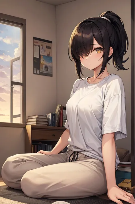 woman, hair over one eye, golden eyes, Tomboy, sitting on the ground, white shirt, black sweatpants, looking at viewer, window, short hair with a ponytail, books lying around, bedroom background