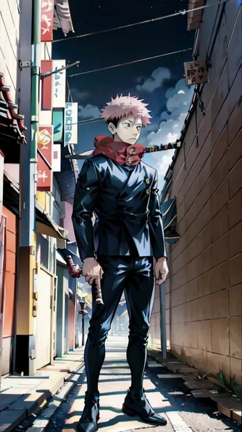 a handsome, dashing, young man in the manga series "jujutsu kaisen" named, ita dori yuji" with his characteristic clothes, black...