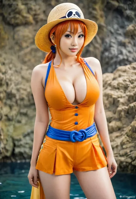 Sexy asian woman, big boob, big breasts, nami outfit from one piece, nami cosplay, orange hair, one piece nami outfit, realistic, hd