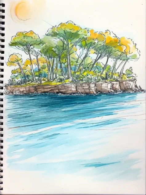 sketch, nave sull'acqua, onde piccole e un leggero sole, alberi in lontananza su di un'isola isolata