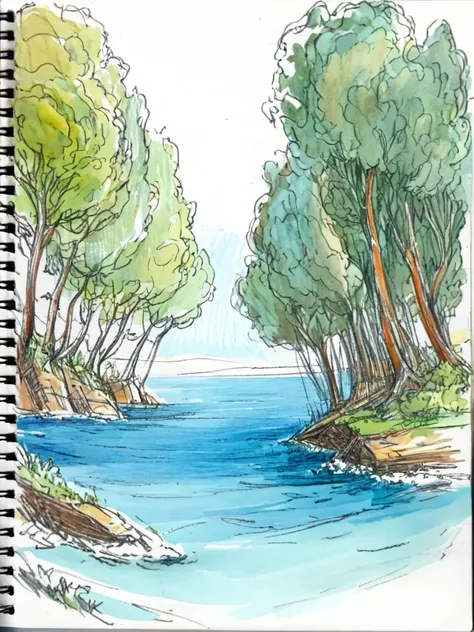 sketch, nave sull'acqua, onde piccole e un leggero sole, alberi in lontananza su di un'isola isolata