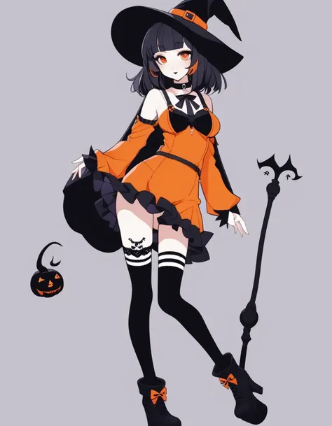 ハロウィンのかぼちゃ頭,Cute girl, bright orange and dark black, white thigh-high socks, platform heels, gothic style, small bust, witch, simple background,nsfw