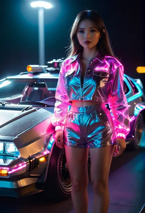 8K,RAW Photos,Highest quality,masterpiece,reality,Very detailed,bfdlrn,back to the future,timemachine,delorian,very fine details,Shiny body,Neon and lightning background,Very fine LED particles,A body covered in light particles,Concentrated line,radiation,...