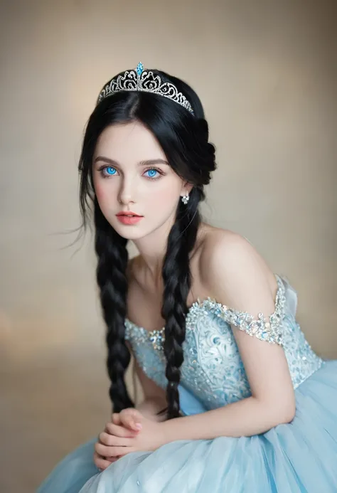 A beautiful and gorgeous young princess，With black hair and blue eyes, She was wearing a beautiful white dress