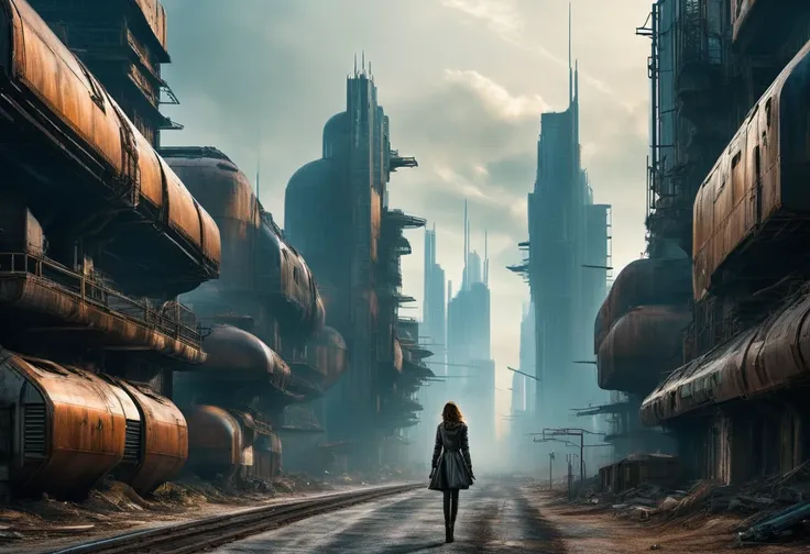 image taken from under the skirt of a giant girl bigger than the buildings, She is walking between the buildings of an abandoned, ultra-futuristic North American megalopolis city, nuclear apocalypse environment, the dystopian city has many metallic buildin...