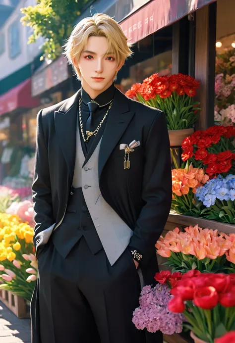 Extremely refined, Astonishing, Fine details, masterpiece, Extremely detailed, high resolution,Best Illustration Award, The best shadow,complex,Clear focus,  high quality, 1 male, Solitary, blond. Red Eyes, Genshin Impact, In front of the flower shop, Pott...