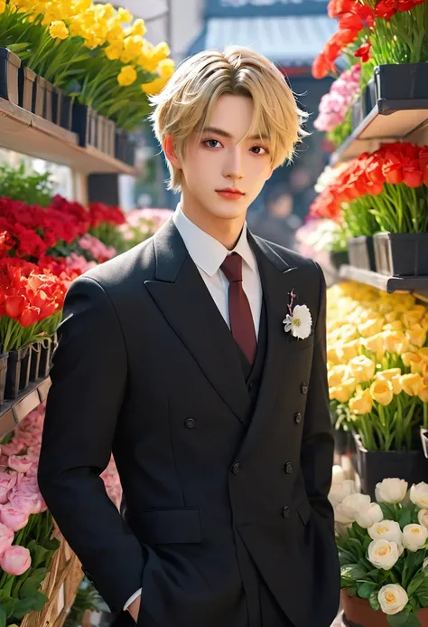 Extremely refined, Astonishing, Fine details, masterpiece, Extremely detailed, high resolution,Best Illustration Award, The best shadow,complex,Clear focus,  high quality, 1 male, Solitary, blond. Red Eyes, Genshin Impact, In front of the flower shop, Pott...