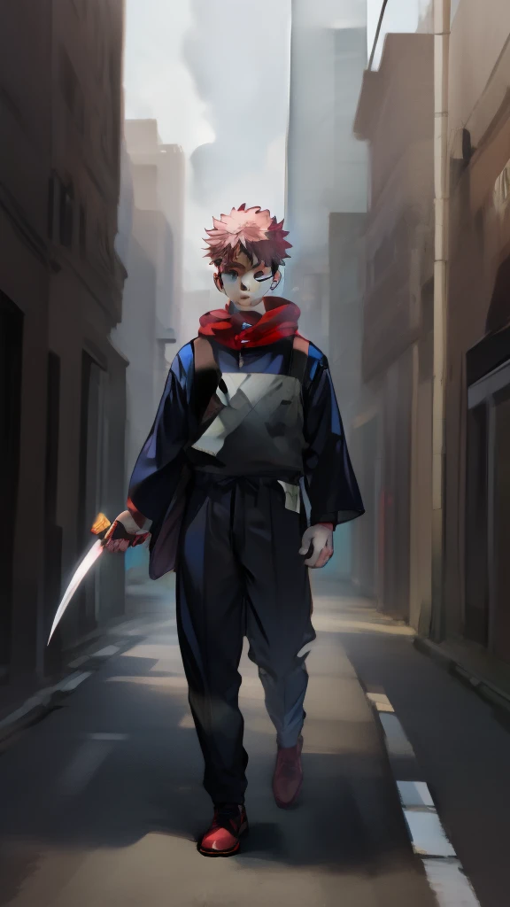 a handsome, dashing, young man in the manga series "Jujutsu Kaisen" named, Ita Dori Yuji" with his characteristic clothes, black hoodie, and red shoes, pink hair, with high quality anime photo resolution HD, 4K. with a sparkling background light, fantasy t...