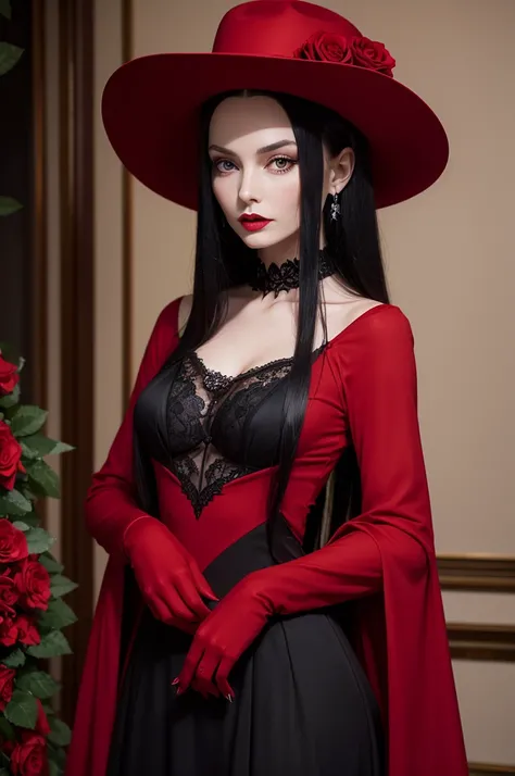 Create images of Morticia Adams wearing a long red dress with long sleeves, wearing a hat decorated with roses