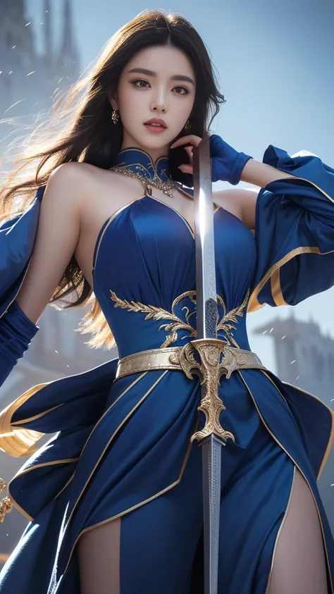 a woman in a blue outfit holding a sword, beautiful detailed eyes, beautiful detailed lips, extremely detailed facial features, longeyelashes, realistic, photorealistic, 8k, ultra-detailed, masterpiece, portrait, dramatic lighting, cinematic, vibrant color...