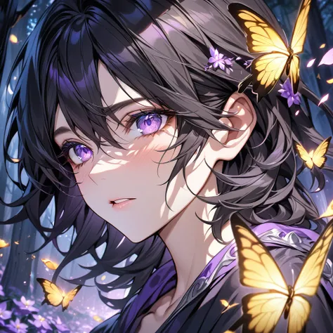 Boy with yellow tshirt, cat ear, forest,purple dark light, absurdres, highres, ultra detailed, HDR, master piece, best quality, black hair, expressive purple eyes, black clothes, magical, fantasy, shining, purple flowers, blossoms, yellow butterflies, clos...